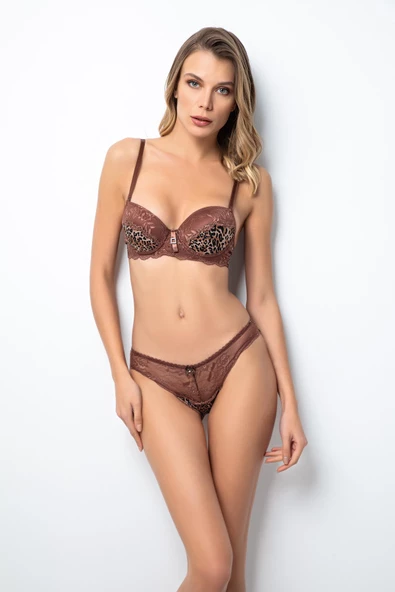 Miorre Dolgusuz Dantelli Taş Detaylı Leopar Desenli Sütyen Takım - 2