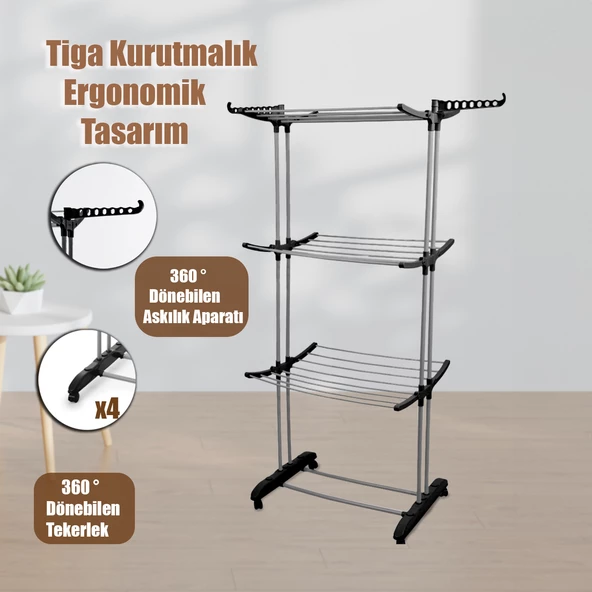 Perilla Tiga Fits 3 Katlı Tekerlekli Çamaşır Kurutmalık