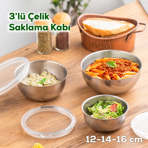 Porsima Parma 3'lü Şeffaf Sızdırmaz Kapaklı Paslanmaz Çelik Saklama Kabı