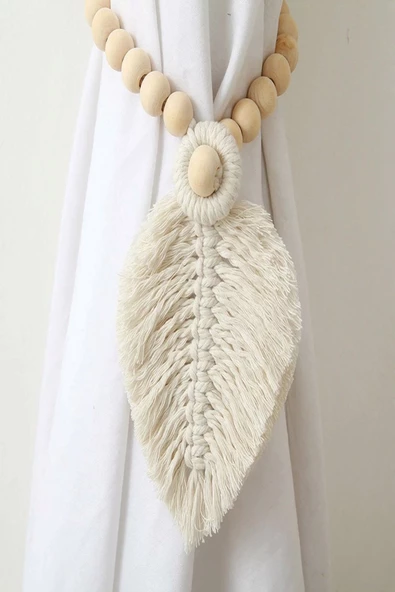 2 Adet Ekru Curtain Leaf Ahşap Boncuklu Perde Süsü - 3