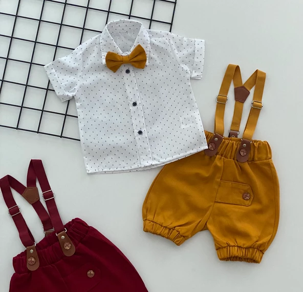 Neşeli Bebeklerimize Çapa Desen Papyonlu Pantolon Askılı Kısa Kol Şortlu Takım Hardal