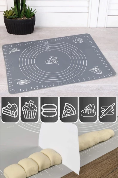 Tilbe Home Silikon Hamur Matı Hamur Açma Pasta Fırın Altlığı Matı Ölçülü Hamur Yoğurma Gri Orta Boy 50X40 - 2