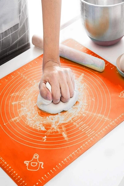 Silikon Hamur Matı Hamur Açma Pasta Fırın Altlığı Matı Ölçülü Hamur Yoğurma Turuncu Orta Boy 50X40