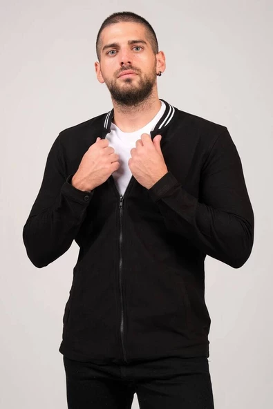 Erkek Dik Yaka Fermuarlı Sweat Siyah - 5