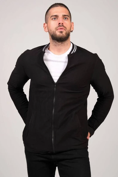 Erkek Dik Yaka Fermuarlı Sweat Siyah - 6