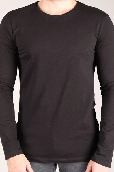 Erkek Sıfır Yaka Uzun Kol Basic T-Shirt Siyah - 4