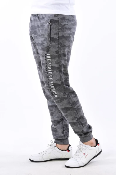 Erkek Dar Paça Kamuflaj Eşofman Altı Gri - 6