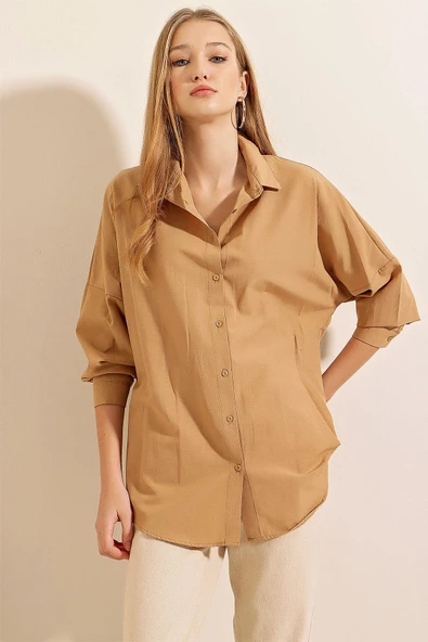 Kadın Oversize Gömlek Vizon