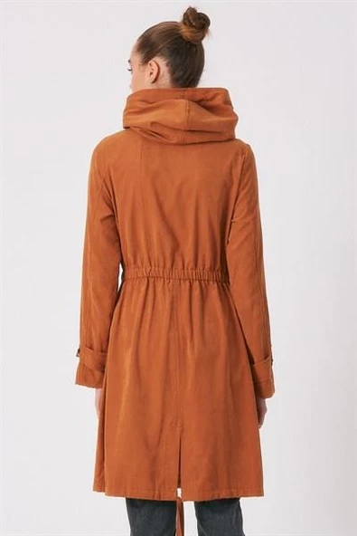 Kadın Kapüşonlu Fermuarlı Trençkot Taba - 3