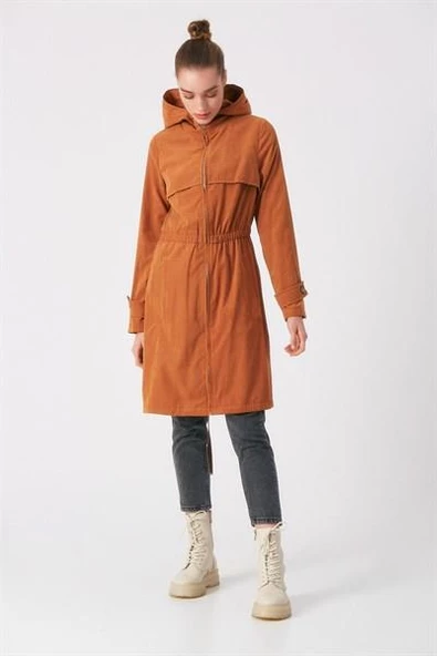 Kadın Kapüşonlu Fermuarlı Trençkot Taba - 2