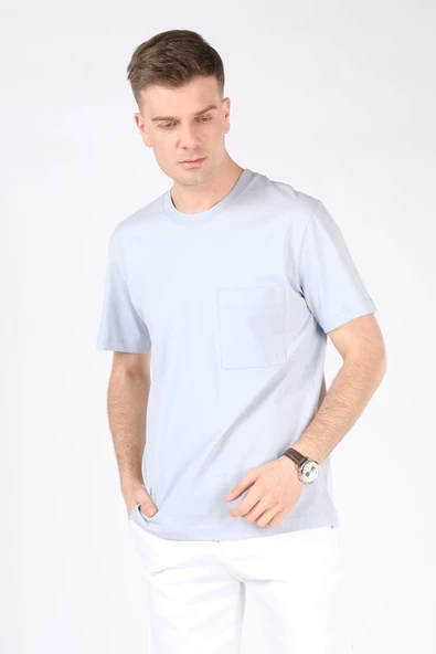 Erkek Sıfır Yaka Cepli T-Shirt Açık Mavi - 2