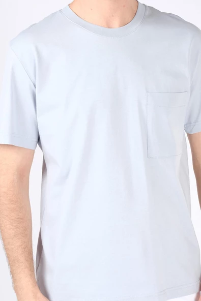 Erkek Sıfır Yaka Cepli T-Shirt Açık Mavi - 4