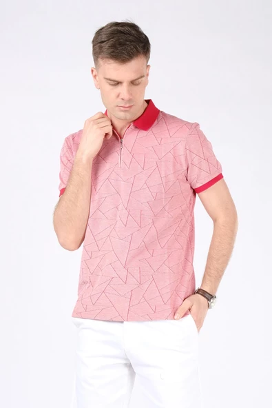 Erkek Geometrik Desen Fermuarlı Polo Yaka T-Shirt Kırmızı - 2