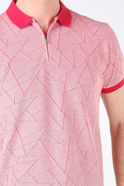Erkek Geometrik Desen Fermuarlı Polo Yaka T-Shirt Kırmızı - 4