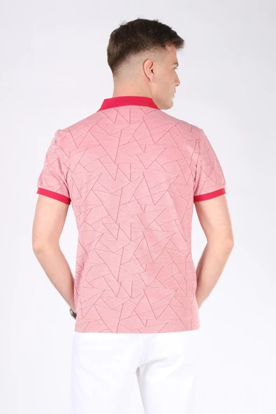 Erkek Geometrik Desen Fermuarlı Polo Yaka T-Shirt Kırmızı - 3