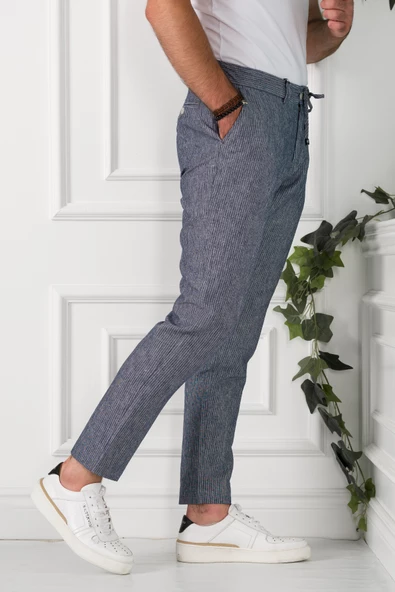 BELİ İPLİKLİ ÇİZGİLİ REGULAR FİT KETEN ERKEK JOGGER PANTOLON - 9