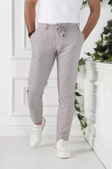 BELİ İPLİKLİ ÇİZGİLİ REGULAR FİT KETEN ERKEK JOGGER PANTOLON - 5