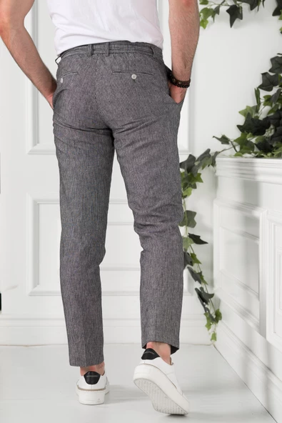 BELİ İPLİKLİ ÇİZGİLİ REGULAR FİT KETEN ERKEK JOGGER PANTOLON - 3