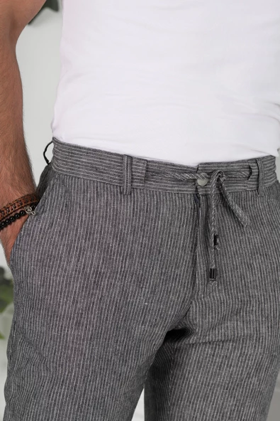 BELİ İPLİKLİ ÇİZGİLİ REGULAR FİT KETEN ERKEK JOGGER PANTOLON - 2