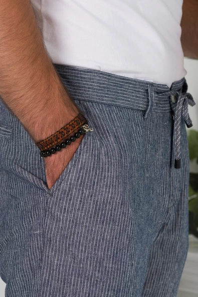 BELİ İPLİKLİ ÇİZGİLİ REGULAR FİT KETEN ERKEK JOGGER PANTOLON - 11