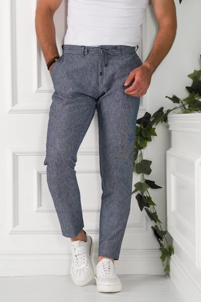 BELİ İPLİKLİ ÇİZGİLİ REGULAR FİT KETEN ERKEK JOGGER PANTOLON - 8
