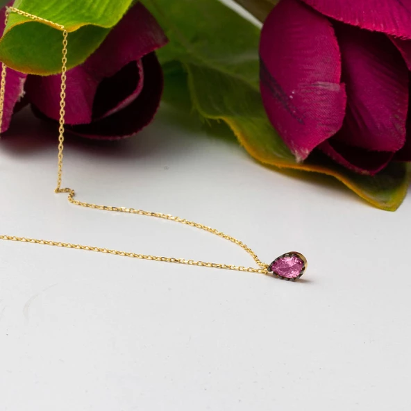 Pembe Damla Taşlı 14 Ayar Altın Kolye - Resim 5