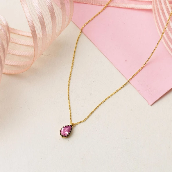 Pembe Damla Taşlı 14 Ayar Altın Kolye - Resim 3