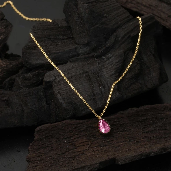 Pembe Damla Taşlı 14 Ayar Altın Kolye - Resim 4