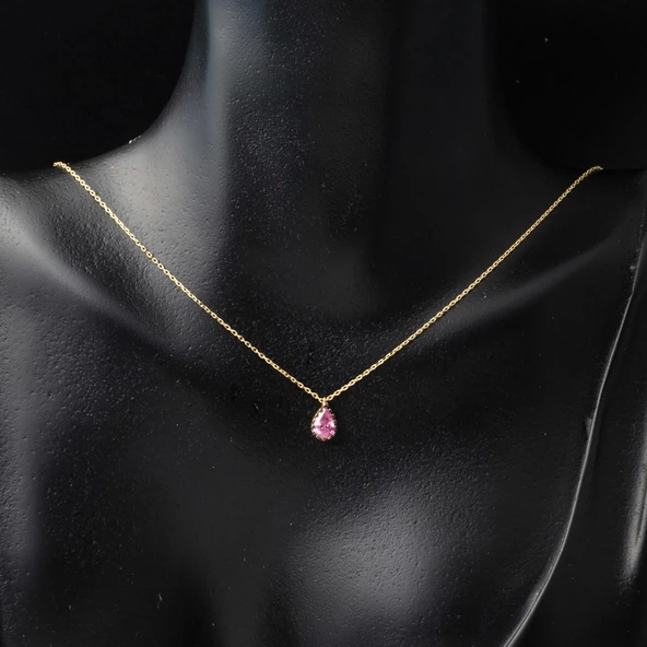 Pembe Damla Taşlı 14 Ayar Altın Kolye - Resim 2