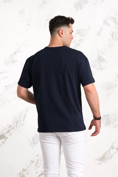 OVERSİZE ÖNÜ BASKILI PAMUKLU BASİC ERKEK PENYE T-SHİRT - Resim 5