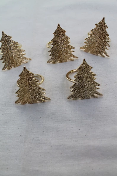 6 Adet Gold Çam Ağacı Metal Peçete Halkası - 5