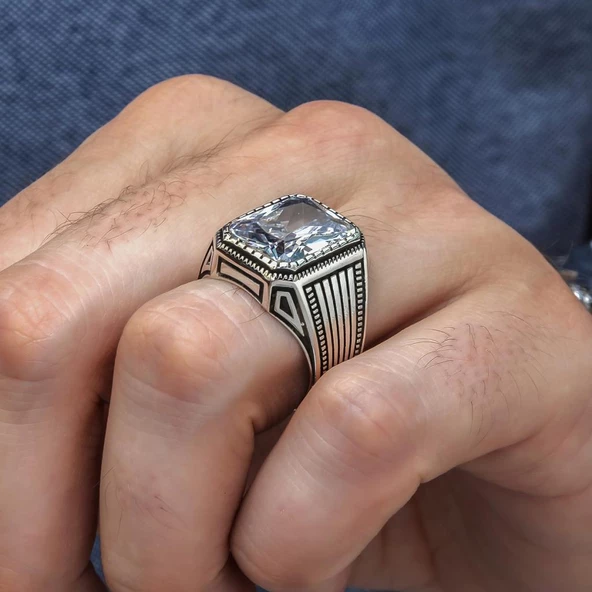 Kare Zirkon Beyaz Taşlı 925 Gümüş Erkek Yüzük - Resim 7