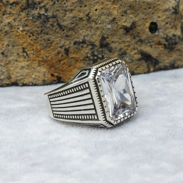 Kare Zirkon Beyaz Taşlı 925 Gümüş Erkek Yüzük - Resim 8