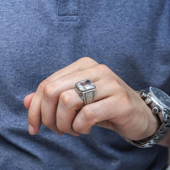 Kare Zirkon Beyaz Taşlı 925 Gümüş Erkek Yüzük - Resim 6