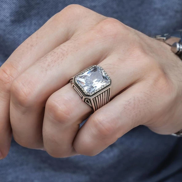 Kare Zirkon Beyaz Taşlı 925 Gümüş Erkek Yüzük - Resim 3