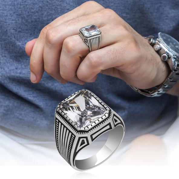 Kare Zirkon Beyaz Taşlı 925 Gümüş Erkek Yüzük - Resim 12