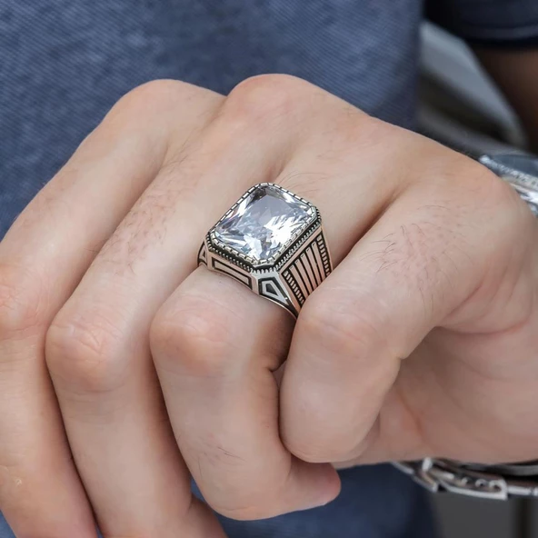 Kare Zirkon Beyaz Taşlı 925 Gümüş Erkek Yüzük - Resim 4