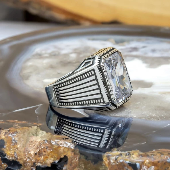 Kare Zirkon Beyaz Taşlı 925 Gümüş Erkek Yüzük - Resim 10