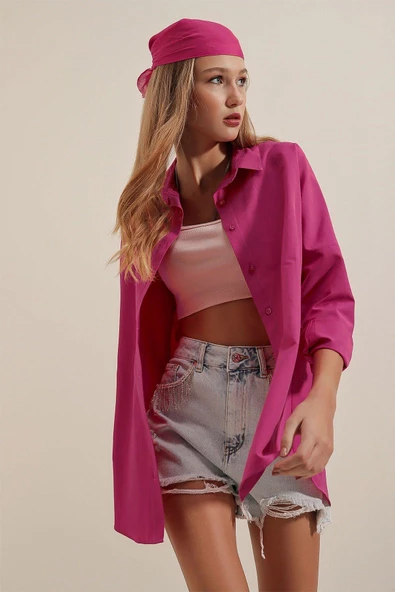 Kadın Oversize Gömlek Fuşya - 2