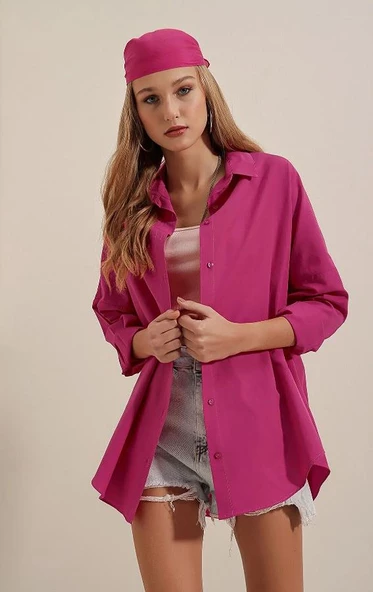 Kadın Oversize Gömlek Fuşya - 7