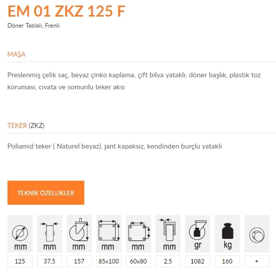 Emes EM01 ZKZ 125F Döner Tablalı Frenli Kemik Teker 125 mm 160 Kg - 2