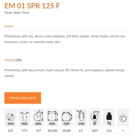 Emes EM01 SPR 125F Döner Tablalı Frenli Teker 125 mm 110 Kg - 2