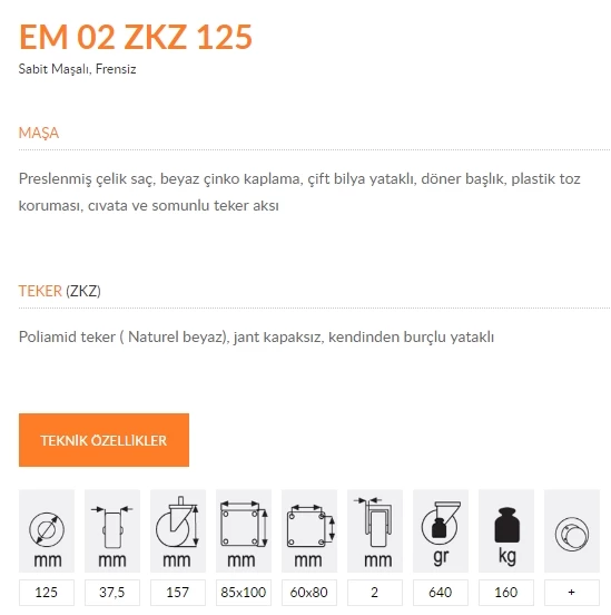Emes EM02 ZKZ 125 Sabit Maşalı Frensiz Kemik Teker 125 mm 160 Kg - 2