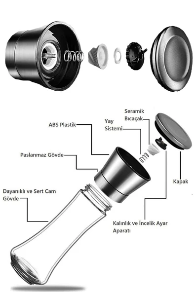 Tilbe Home Karabiber Tuzluk Değirmeni Seramik Bıçaklı Öğütücü Büyük Boy Baharat Öğütücü Dayanıklı Cam Set - Resim 3