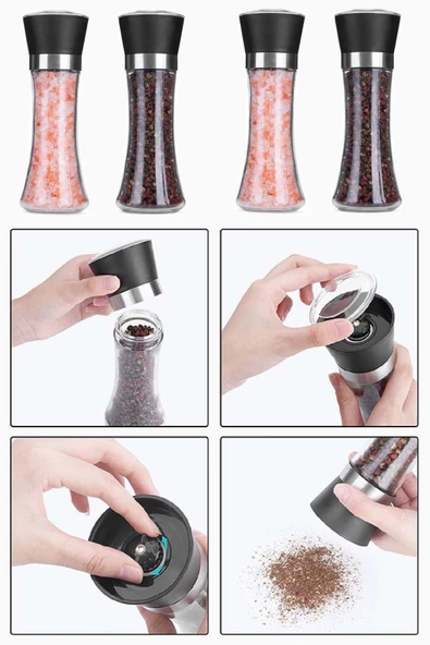 Tilbe Home Karabiber Tuzluk Değirmeni Seramik Bıçaklı Baharatlık Öğütücü Lüx Cam 3 Kademeli Has Değirmen Seti - Resim 8