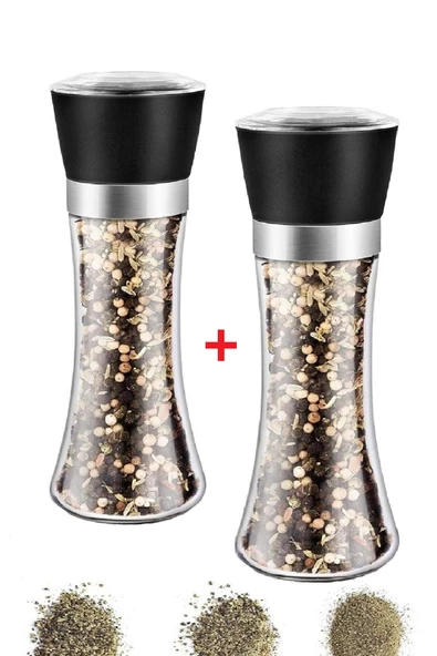 Tilbe Home Karabiber Tuzluk Değirmeni Seramik Bıçaklı Baharatlık Öğütücü Lüx Cam 3 Kademeli Has Değirmen Seti ürün görseli