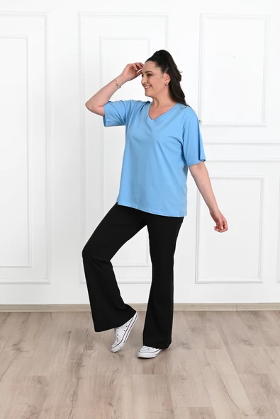 Kadın V Yaka Basic Büyük Beden T-Shirt 1297-22 - 5