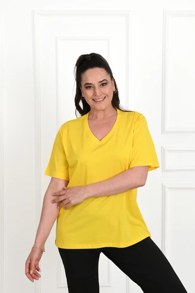 Kadın V Yaka Basic Büyük Beden T-Shirt 1297-22 - 11