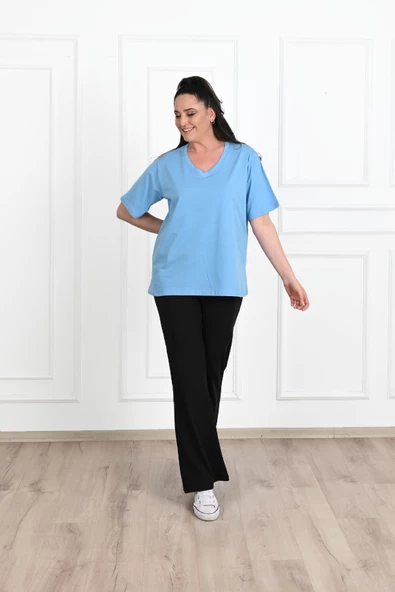 Kadın V Yaka Basic Büyük Beden T-Shirt 1297-22 - 6