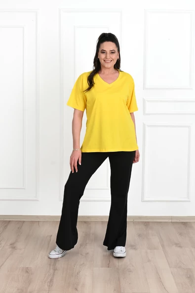 Kadın V Yaka Basic Büyük Beden T-Shirt 1297-22 - 8